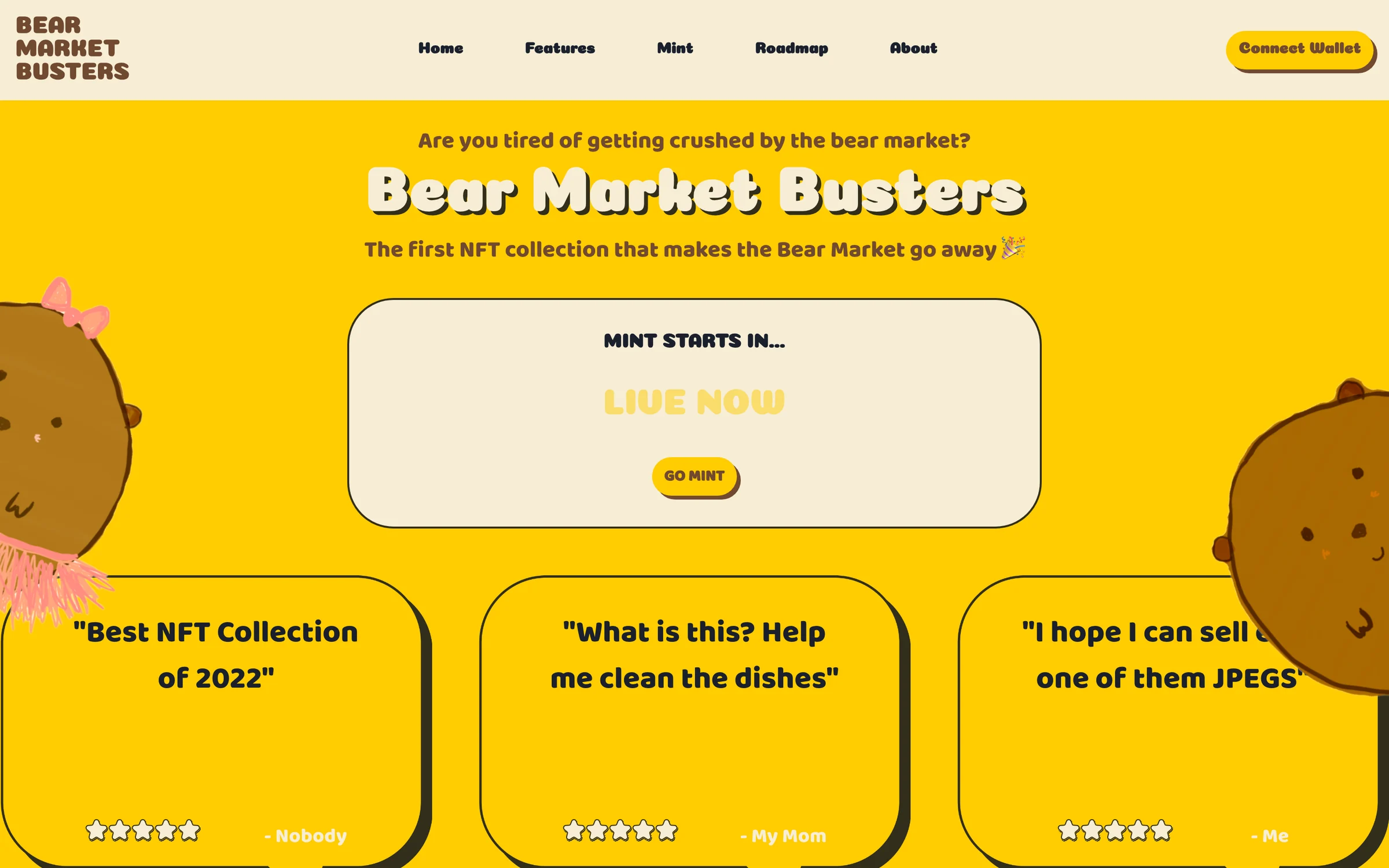 Il sito di mint di Bear Market Busters: hero gialla, orsi disegnati a mano e finte recensioni di Nobody, My Mom e Me