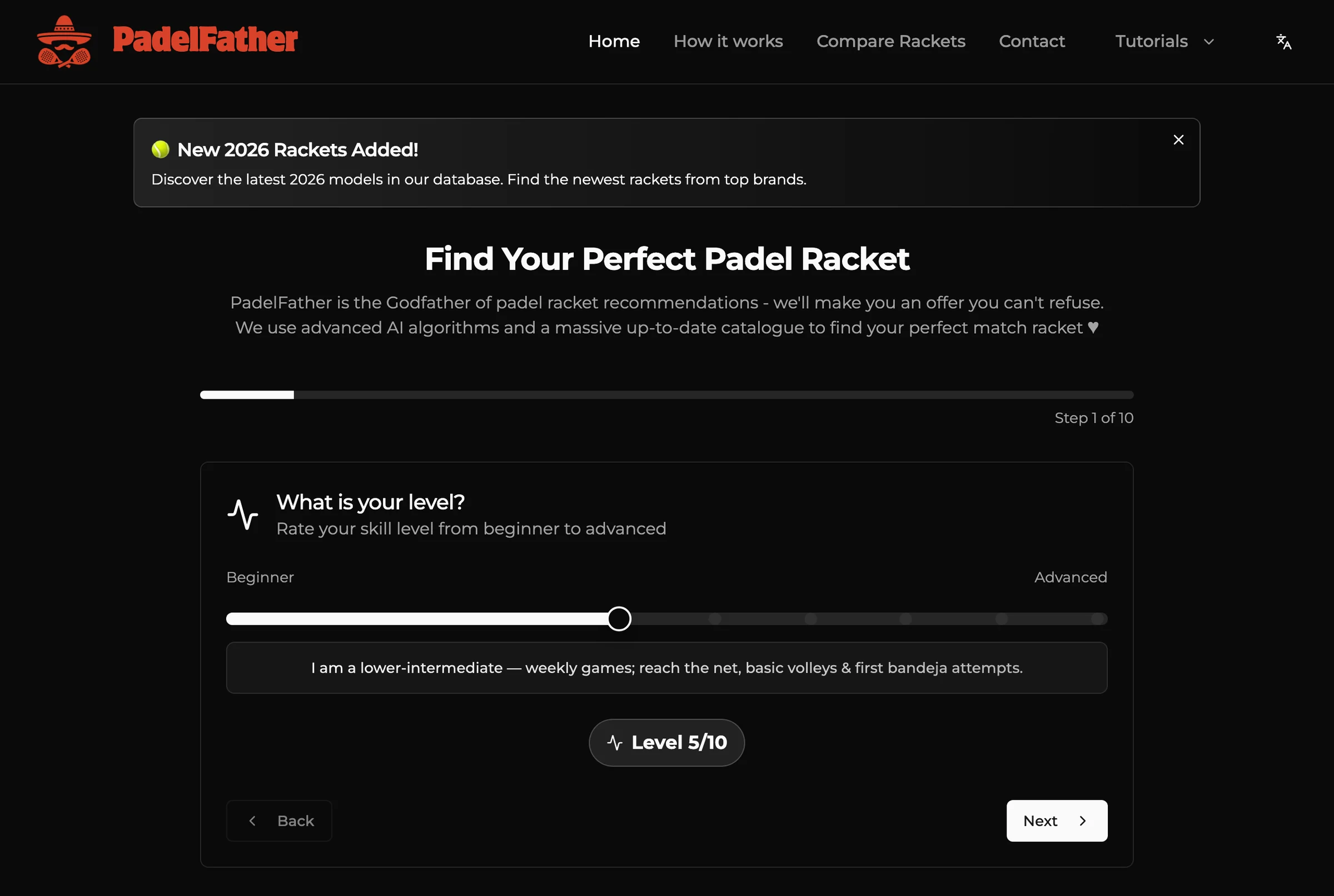 Il racket finder di PadelFather, primo passo: indica il tuo livello da principiante ad avanzato