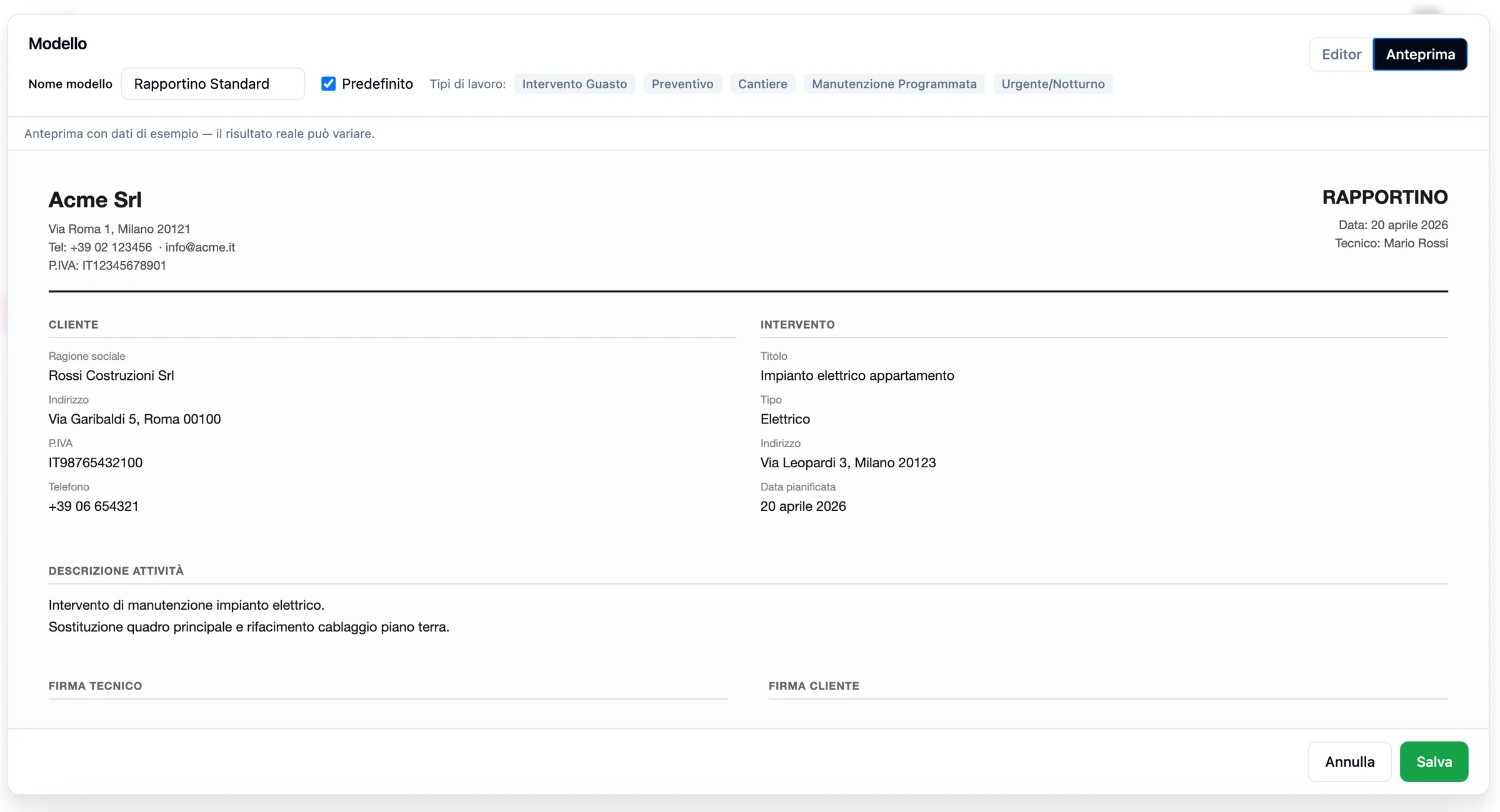 Anteprima del modello PDF di Quickoo con intestazione, cliente, intervento e firme