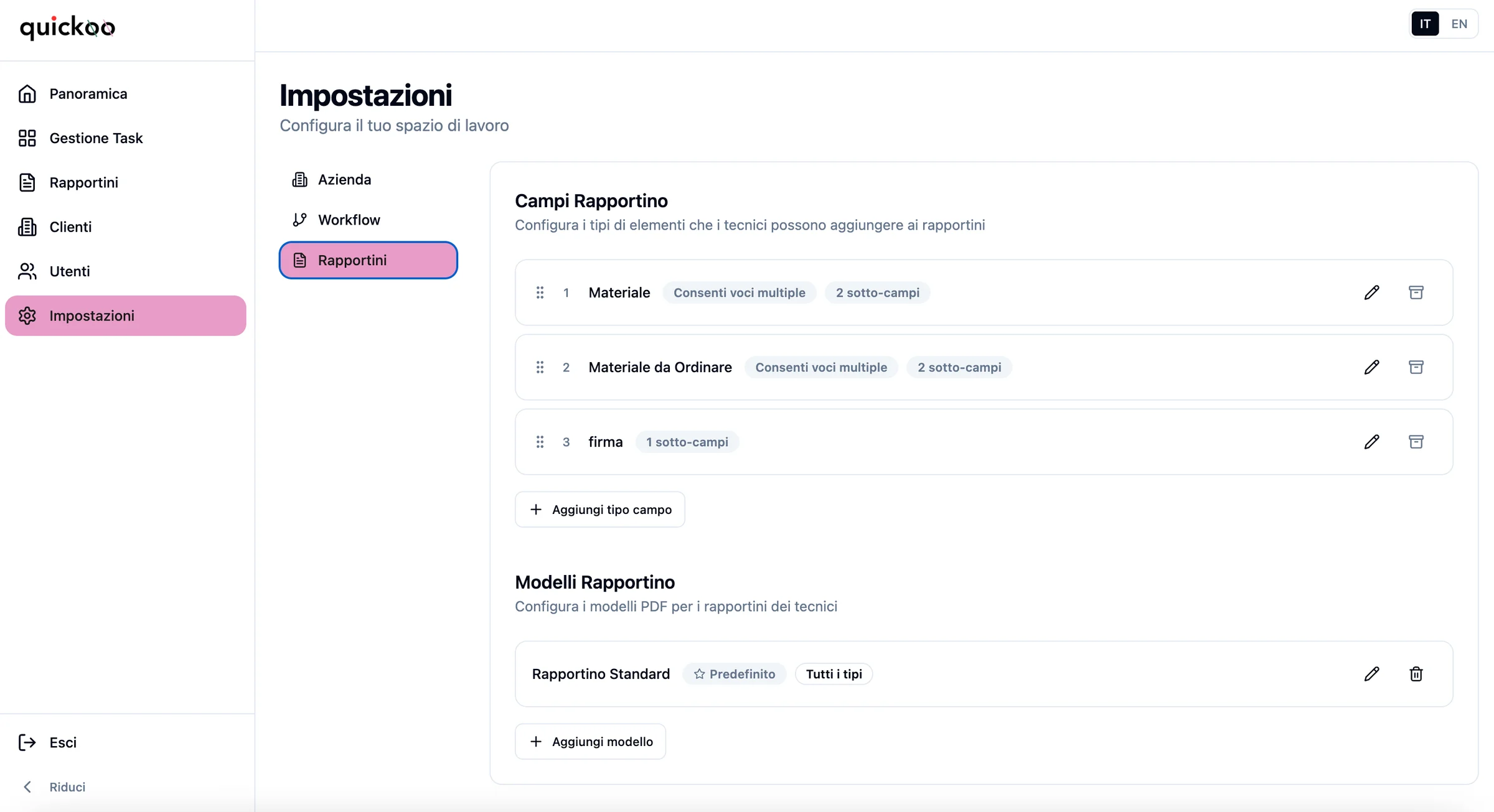 Impostazioni di Quickoo: campi del rapportino e modelli PDF configurabili