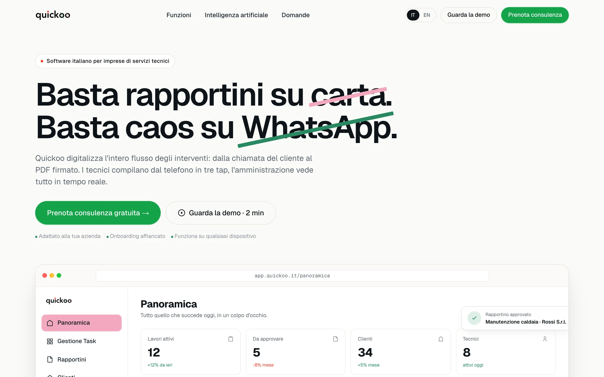 La home di quickoo.it: Basta rapportini su carta. Basta caos su WhatsApp.